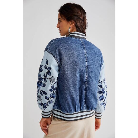 New Free People WTF Team Spirit Jacket $298 SMALL Stone Blue Floral Embroidery - Picture 4 of 8